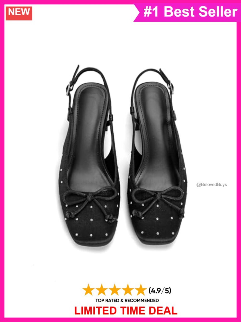 Satin Slingback Ballet Pumps 2 Inch Block Heels Rhinestone Bow
